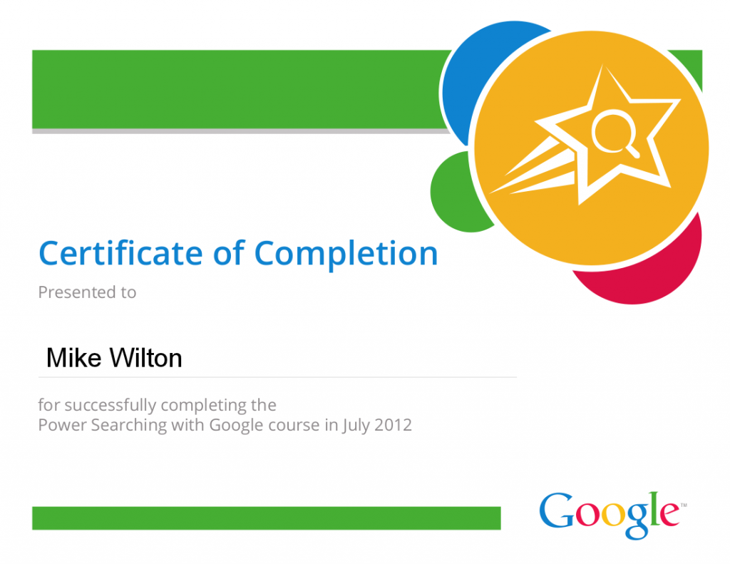 Google Power Searcher Certificate awarded to Mike Wilton