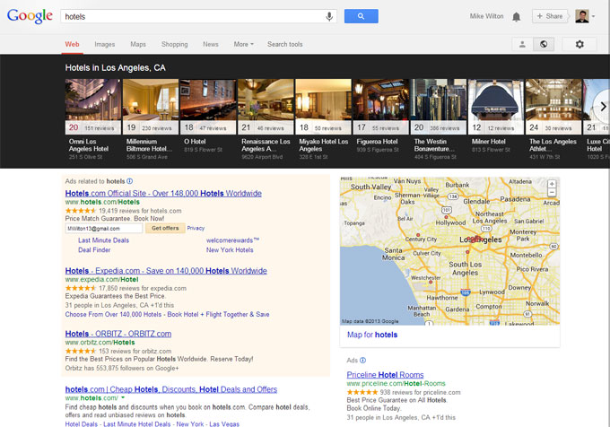 Google Local Carousel results for hotels in Los Angeles