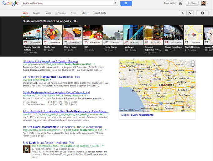 Google Local Carousel results for sushi in Los Angeles