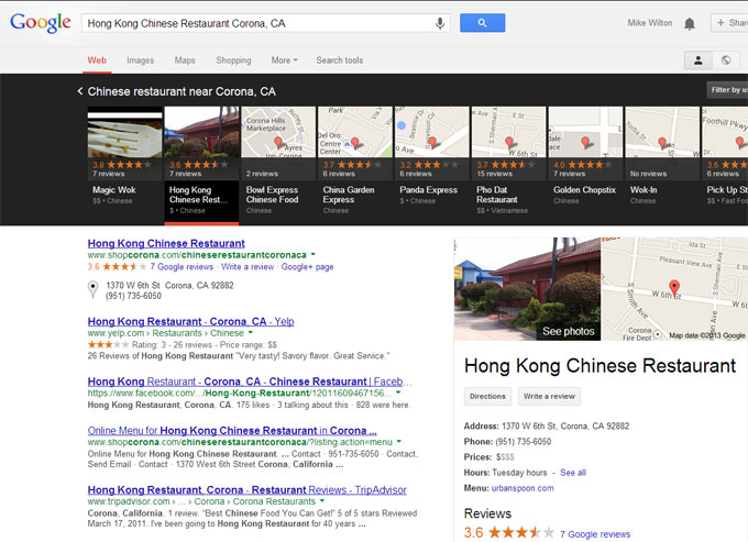 A query for Hong Kong Chinese Restaurant triggered by Google's local carousel